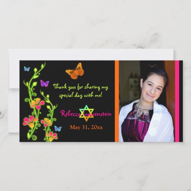Neonschmetterlinge u. Blumen-Foto danken Ihnen zu Dankeskarte (Vorderseite)