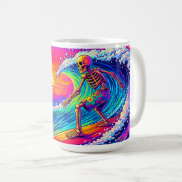 Neonskelett surft auf farbenfrohem Sonnenuntergang Kaffeetasse