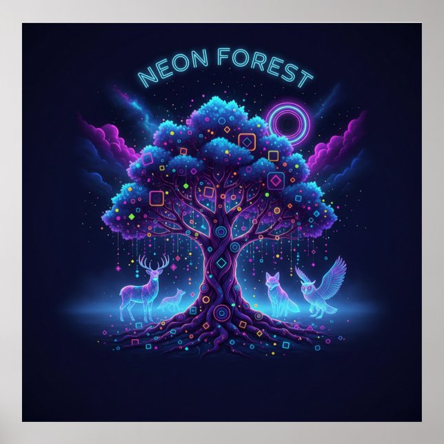 Neonwälder - glühender Baum und leuchtende Tiere P Poster (Vorne)