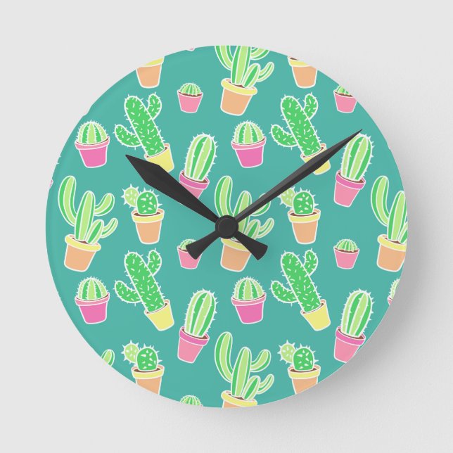 Neonwasserfarbenkaktusse in Rohrmustern Runde Wanduhr (Vorderseite)