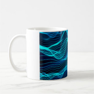 Neonwellen zahlreicher abstrakter Linien und Reihe Kaffeetasse