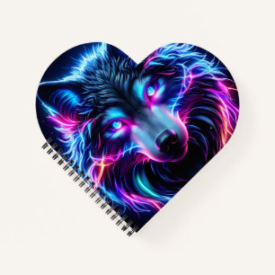 Neonwolf Leuchtende Augen Cyberpunk Zukunftstier Notizbuch