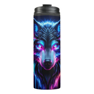 Neonwolf Leuchtende Augen Cyberpunk Zukunftstier Thermosbecher