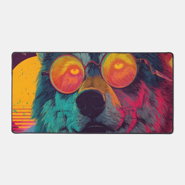 Neonwolf mit Brille – Retro Synthwave Kunst Schreibtischunterlage (Vorderseite)