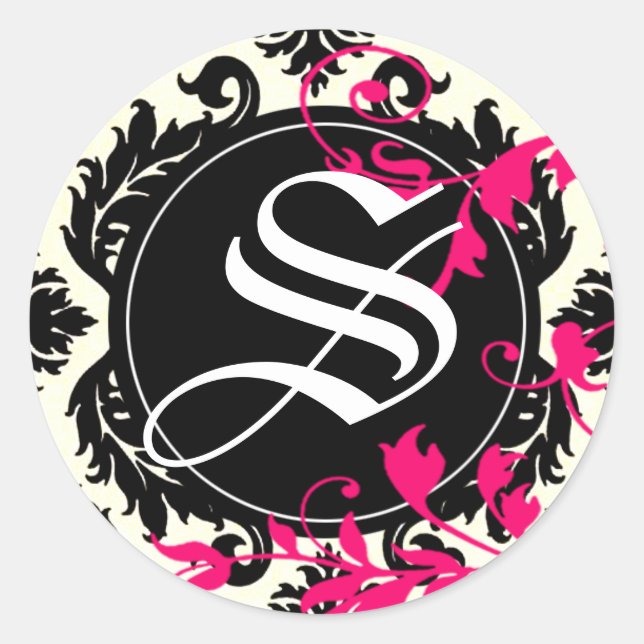 Neopolitan Damask Monogram "S" schwarz/weiß/fuschi Runder Aufkleber (Vorderseite)