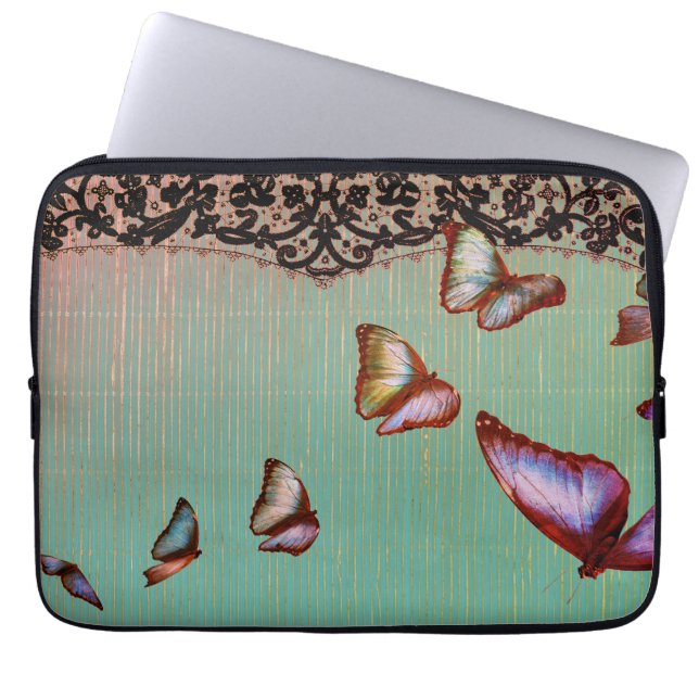 NEOPRENE LAPTOP SLEEVE STRIPES GREEN BUTTERFLIS (Vorderseite)
