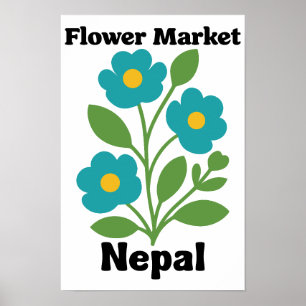 Nepal Blumenmarkt Teal Blüte & Grünes Blatt Poster