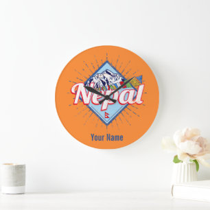 Nepal mit Retro-Flaggen im Gebirge, vintage Urlaub Große Wanduhr