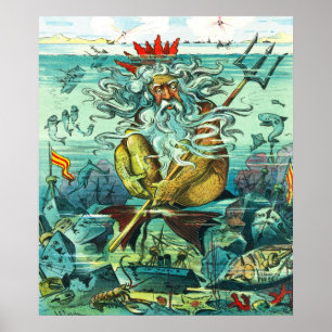 Neptun, der unter versunkenen Wracken sitzt Poster