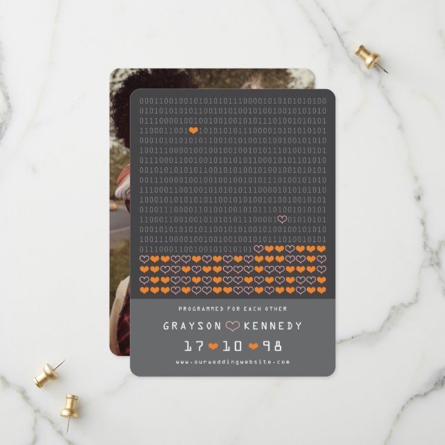 Nerd für die Liebe programmiert Binärcode Termin v Save The Date (Vorderseite/Rückseite Beispiel)