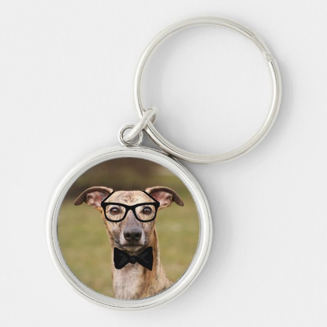 Nerd Whippet in Brille und Bow Krawatte Schlüssela Schlüsselanhänger (Vorne)