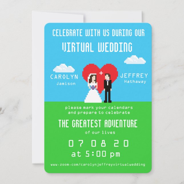 Nerdy 8-Bit Braut & Groom Virtual Wedding Einladun Save The Date (Vorderseite)