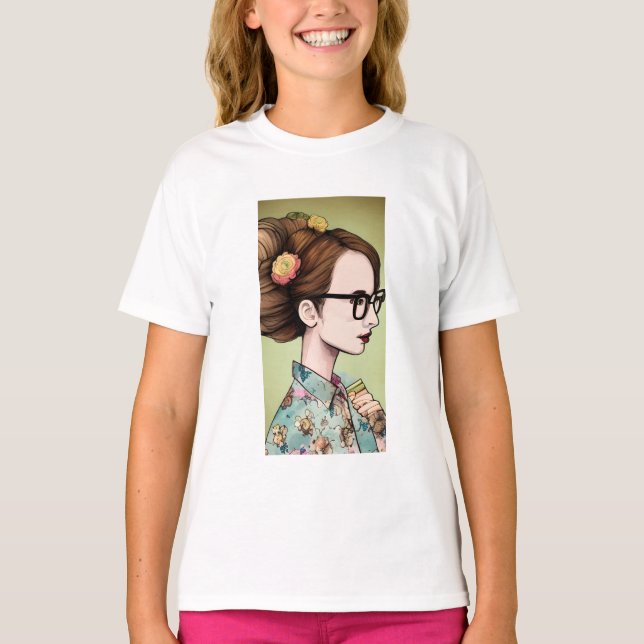 Nerdy Asian Girl Holding Books T-Shirt (Vorderseite)