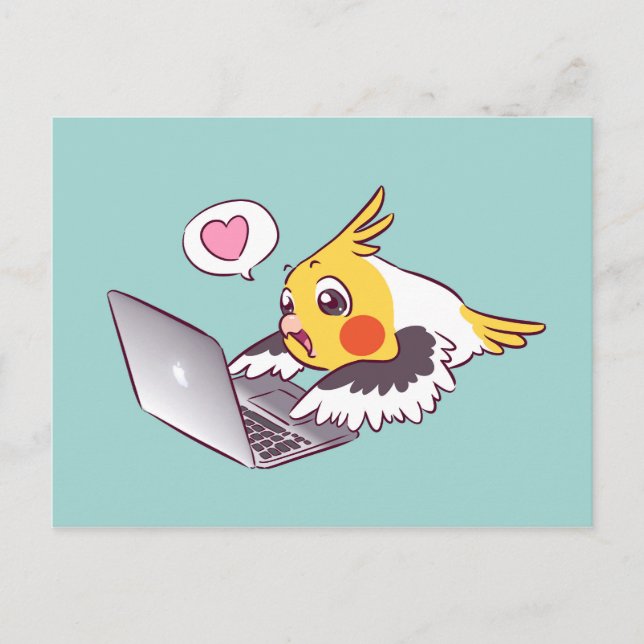 Nerdy Cockatil niedlich zeichnend Macbook Vogelpap Postkarte (Vorderseite)