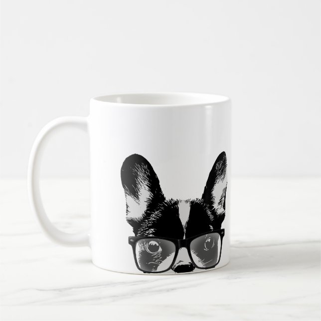 Nerdy französische Bulldoggen-Hipster-Hund Tasse (Links)