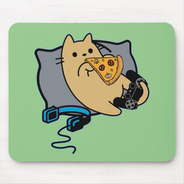 Nerdy Gamer Cat Eating Pizza Game Pausen Mousepad (Vorne)