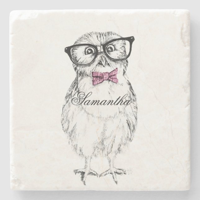 Nerdy Owlet Ink drawing Steinuntersetzer (Vorderseite)