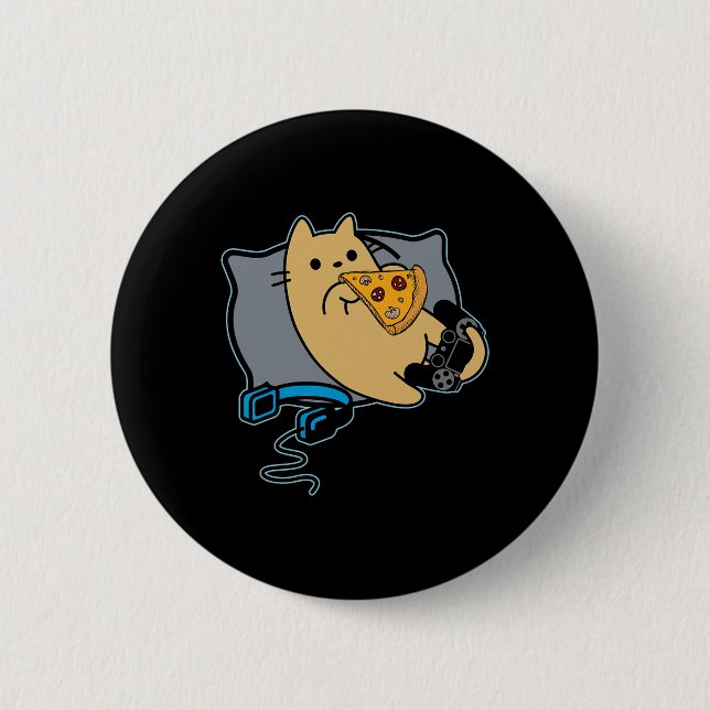 Nerdy Pizza Eating Gamer Cat Game Pausst Button (Vorderseite)