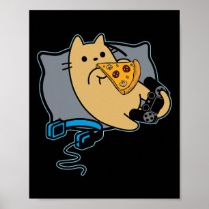 Nerdy Pizza Eating Gamer Cat Game Pausst Poster