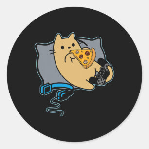 Nerdy Pizza Eating Gamer Cat Game Pausst Runder Aufkleber