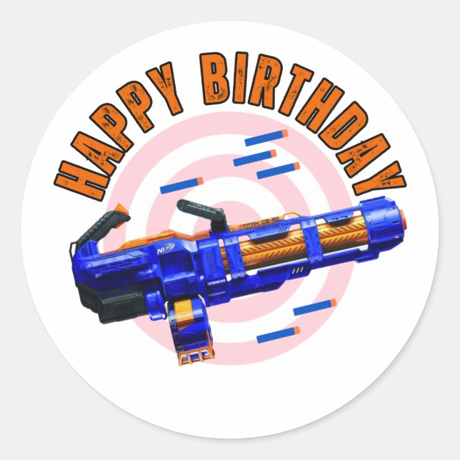Nerf Gun Party Sticker. Minigun-Dekor. Runder Aufkleber (Vorderseite)
