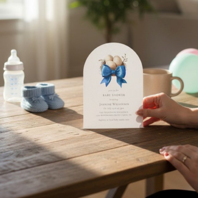 Nesting Bird Blue Bow Baby Shower Invitation Einladung (Von Creator hochgeladen)