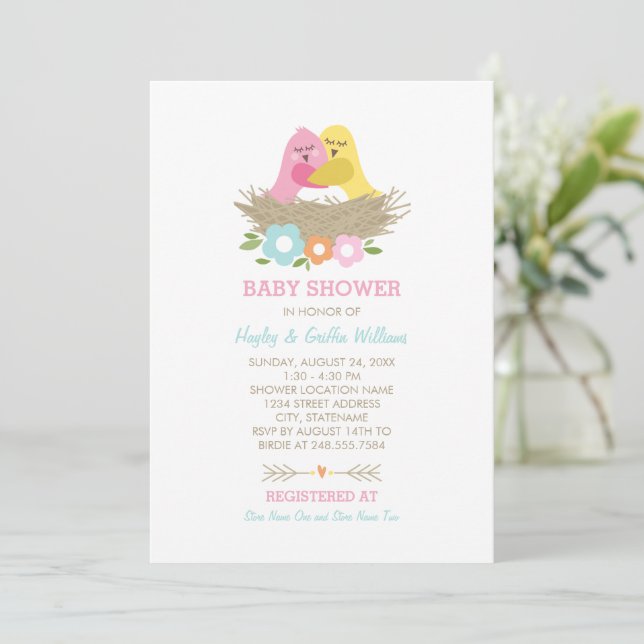 Nesting Birds Spring Baby Dusche Rosa Gelb Einladung (Stehend Vorderseite)
