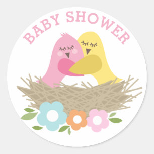 Nesting Birds Spring Baby Dusche Rosa Gelb Runder Aufkleber