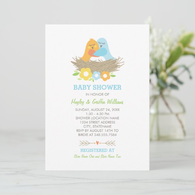 Nesting Birds Spring Baby Shower Blue Orange Einladung (Stehend Vorderseite)