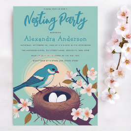 Nesting Party Blue Bird Nest Eggs Floral Blossom Einladung