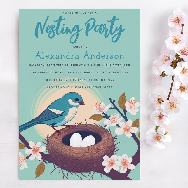 Nesting Party Blue Bird Nest Eggs Floral Blossom Einladung (Von Creator hochgeladen)