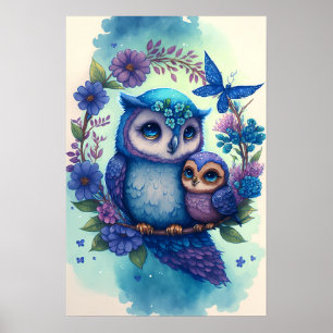 Nestling - Mama & Baby Owl Poster - Print