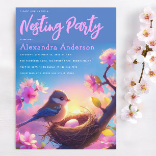 Nestparty Süßer Vogel & Ei Blumen Rosa Blüte Einladung