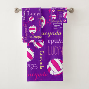 Netballs Sport rosa lila weißer individuelle Name Badhandtuch Set