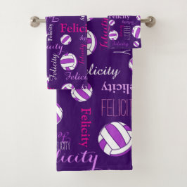 Netballs Sport rosa lila weißer individuelle Name Badhandtuch Set