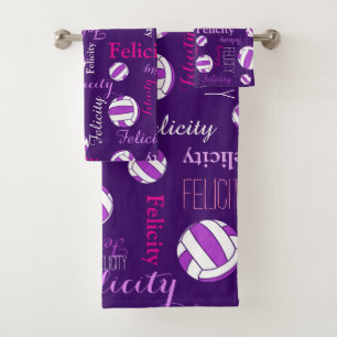 Netballs Sport rosa lila weißer individuelle Name Badhandtuch Set