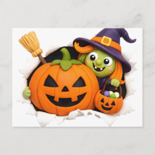 Nette Hexe und Jack-o'-Lantern-Tonfigur Feiertagspostkarte