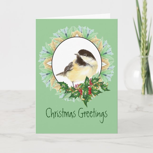 Nette WeihnachtsAquarellchickadee-Vogel-Stechpalme Feiertagskarte (Vorderseite)