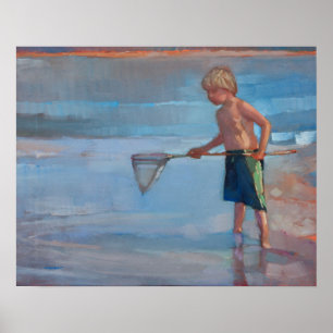 Nettoarbeiten - Junge mit Netz am Strand Poster