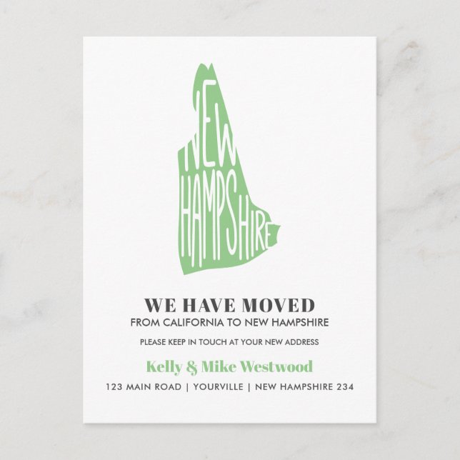 NEU HAMPSHIRE Wir haben neue Adresse Neue Zuhause  Postkarte (Vorderseite)
