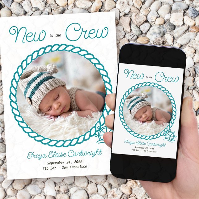 Neu in der Crew 2 Foto Aquamarine Geburt eines Nau Ankündigung (Nautical baby birth announcement with 2 of your photos and "new to the crew wording")