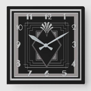 Neu sehr Art Deco (silber/schwarz) Quadratische Wanduhr