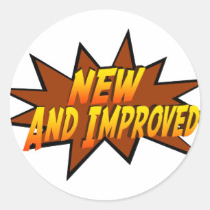 Neu und verbessert runder aufkleber