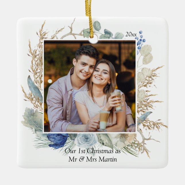 Neu verheiratete 1. Weihnachtsfrau Mr. & Mrs. Chic Keramikornament (Vorderseite)