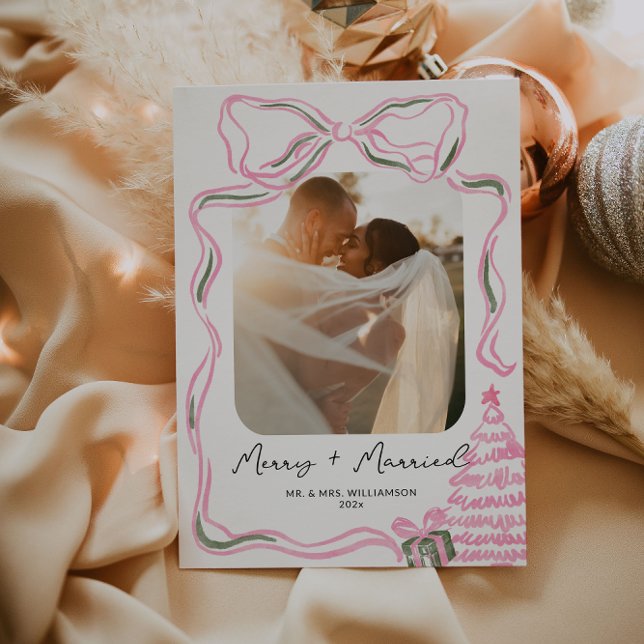 Neu verheirateter Vintager Pink Bow Feiertagskarte (Newlywed First Christmas Holiday Photo Card)