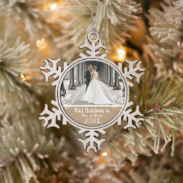 Neu verheiratetes 1. Weihnachts-Foto Tan Schneeflocken Zinn-Ornament