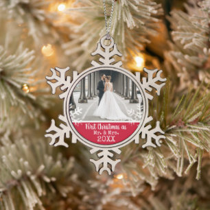 Neu verheiratetes 1. Weihnachtsgebäck Rotes blaues Schneeflocken Zinn-Ornament