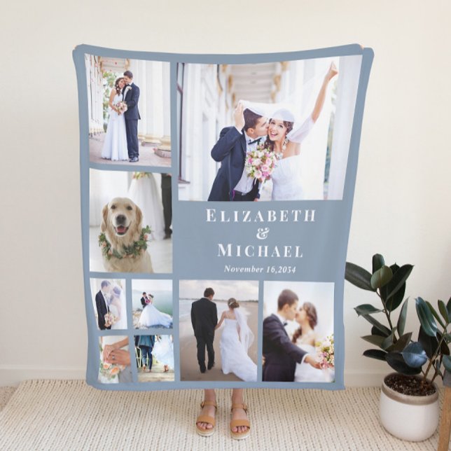 Neu verheiratetes Foto Collage Dusty Blue Wedding Fleecedecke (Von Creator hochgeladen)