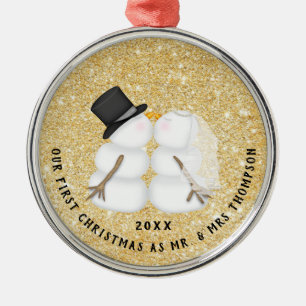 Neu verheiratetes Gold Snow Couple Erste Weihnacht Ornament Aus Metall