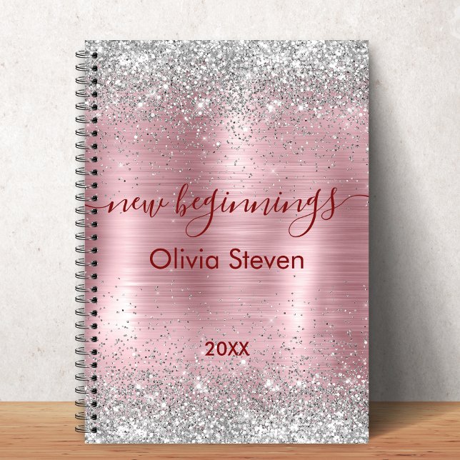 Neuanfang Blush Silber Faux Glitter Monogramm Notizblock (Von Creator hochgeladen)